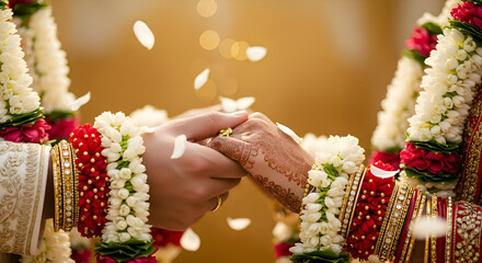 Close-up of Hands in a Wedding Ceremony with Floral Garlands and Petals.