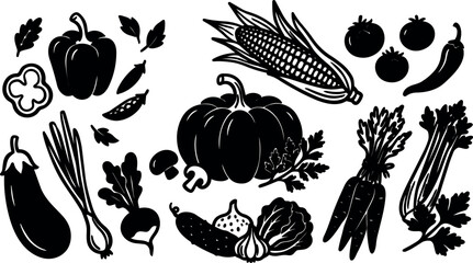 Fototapeta premium Flat silhouette vector top view assorted vegetables pumpkin corn carrot eggplant tomato garlic pepper celery parsley basil mushrooms leek radish