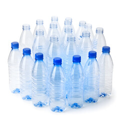 Naklejka premium Collection of Empty and Partially Filled Plastic Water Bottles with Blue Caps, Symbolizing Recycling, Hydration, and Environmental Concerns