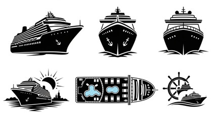Cruise ship illustrations in various views, perfect for travel and maritime themes. © Hanif