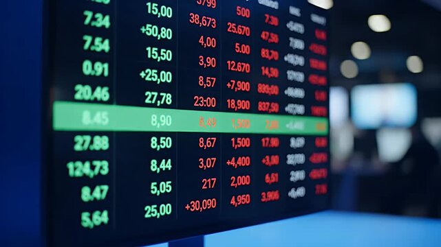 Stock market data displayed on a digital screen.
