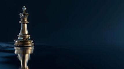 Obraz premium A close-up of a golden chess king piece reflecting against a dark background, symbolizing strategy and competition.