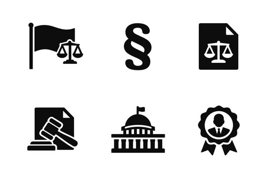 Law and justice icons set, flag, scales, legal document, court, solid black icon set vector illustration
