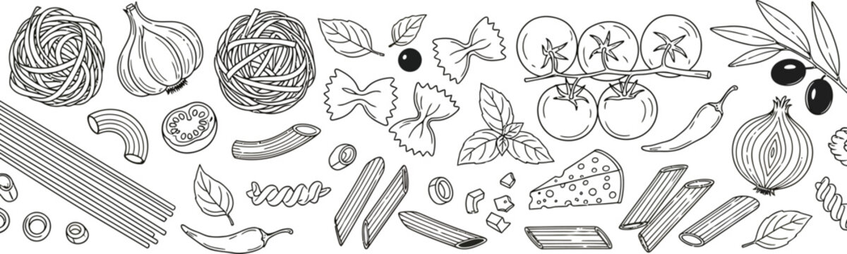 Hand drawn Italian food ingredients vector illustration set. Pasta, vegetables, and cheese sketch border design elements.