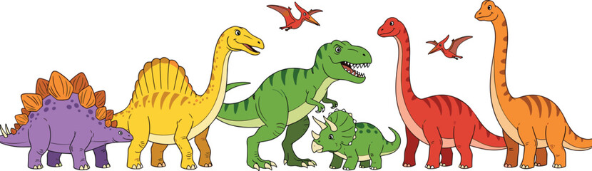Obraz premium Cartoon Dinosaur Collection Featuring T-Rex, Stegosaurus, Brachiosaurus, Triceratops, and Pterodactyl for Kids Designs