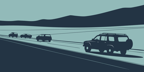 Fototapeta premium A row of cars driving on a highway with a scenic mountain backdrop. Vector