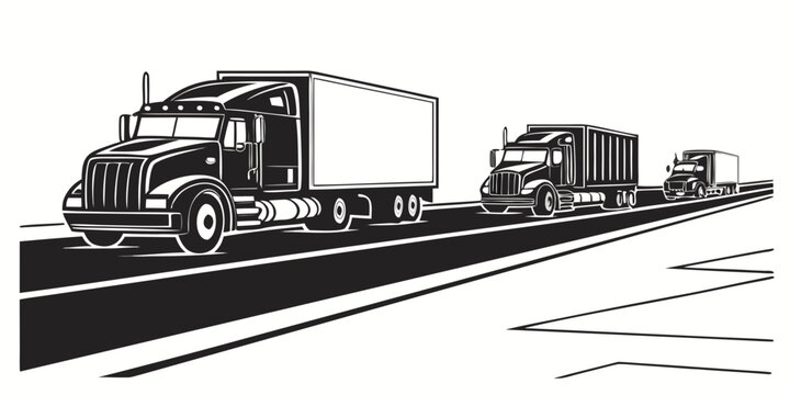 A detailed sketch of a truck towing a trailer on a road. Vector