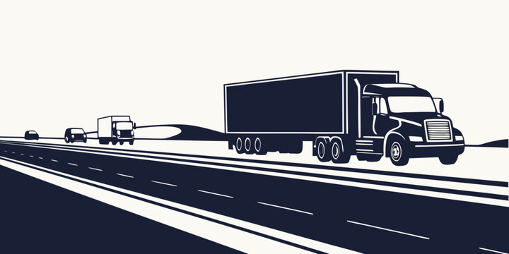 A large truck overtakes a smaller car on a multi-lane highway with a divided median. Vector