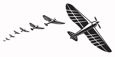 A vintage biplane leading a flock of birds in flight over a landscape Vector © Eva
