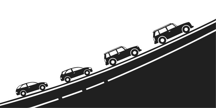 A row of cars driving uphill on a winding road in a black and white illustration Vector