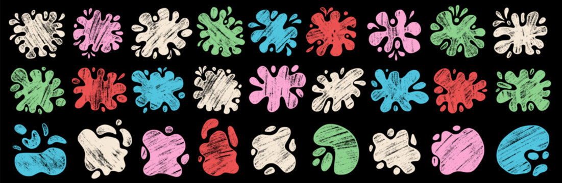 Crayon blob, splash and blot. Pastel colorful frame in amoeba shape. Chalk puddle of paint or a water drop figure. Vector pink, blue, green, and white spots liquid splat background isolated.