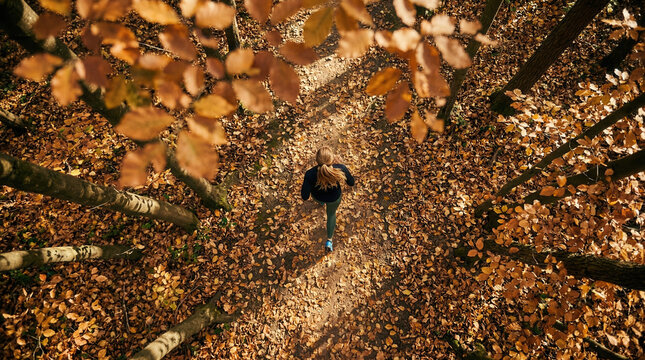Aerial view of woman running on autumn forest trail.