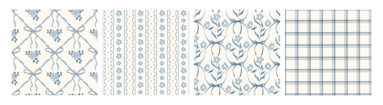 Set of seamless blue floral and ribbon patterns in vintage style. Delicate botanical textures and plaid background for fabric, wallpaper, wrapping paper, textile, and surface design.