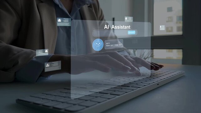 Employee assisted by AI chatbot at work, using smart digital technology for guidance, task support and communication. Artificial intelligence improves efficiency, productivity and workflow.