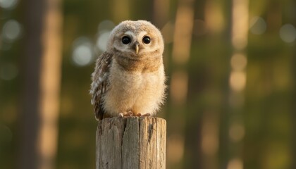 Adorable fluffy baby owl perched on a wooden post in a natural outdoor setting