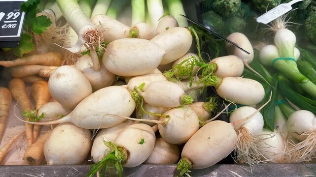 Daikon, a mild-flavored winter white radish at the food market.