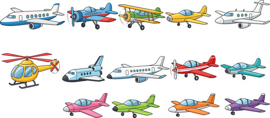 Collection of Colorful Airplanes and Helicopters in Various Styles for Transportation and Aviation Designs