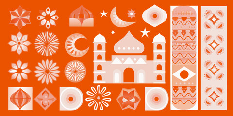 A collection of orange and white geometric and floral decorative elements © Savankar