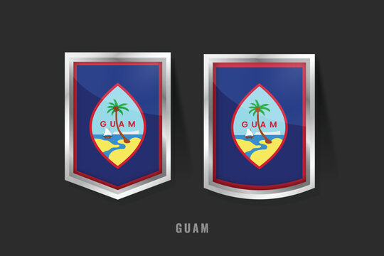 Detailed 3D vector illustration of Guam flag badges. Glossy metallic shields featuring the red-bordered blue field with the central seal depicting Agana Bay and a traditional flying proa