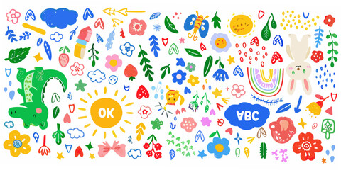 Colorful childish drawing featuring animals plants and alphabet blocks © Savankar