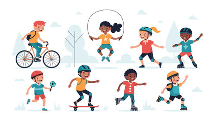 Fototapeta premium Diverse group of happy children enjoying various outdoor activities including biking, roller skating, skateboarding, and jumping rope.