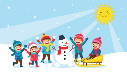 Fototapeta premium Joyful group of happy children playing in a snowy landscape building a snowman and sledding under a bright yellow sun.