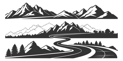 A serene landscape featuring majestic mountains and a winding road Vector © Ruhi