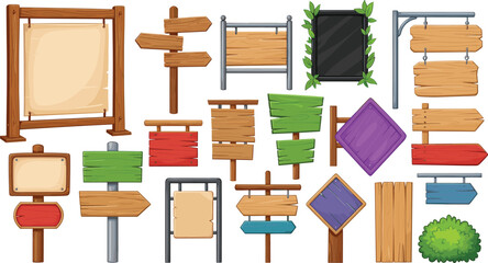 Collection of Colorful Wooden and Metal Signposts with Different Shapes, Frames, and Hanging Designs for Outdoor and Directional Use © Rashidul