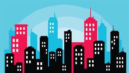 Fototapeta premium Vibrant and modern city skyline illustration featuring colorful skyscrapers in pink, blue, and black against a light blue backdrop.
