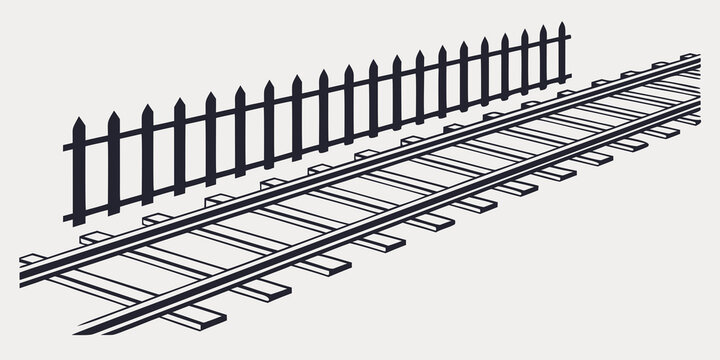A black and white image of a train track with a fence running parallel to it Vector