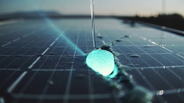 A close-up view of a solar panel with a blue glowing object on it in a sunny outdoor setting with technology and industry elements