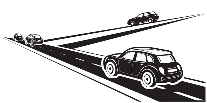 A black car is driving up a steep hill with other cars following behind. Vector