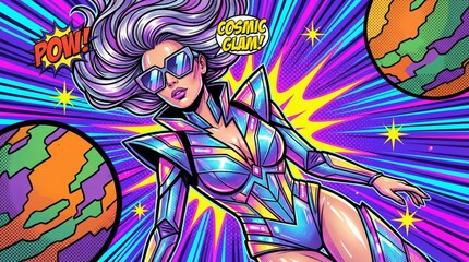 Fototapeta premium Dynamic stylish woman in cosmic glam space vibrant graphic art futuristic environment bold viewpoint empowerment concept