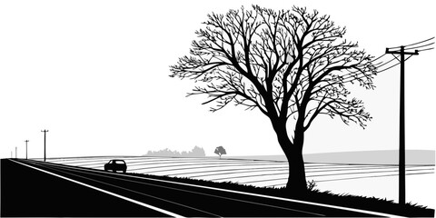 A lone tree stands tall on the edge of a vast, open field near a distant horizon. Vector © Ruhi