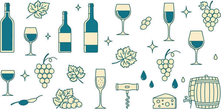 Wine and winemaking flat line art vector illustration set. Collection of icons including bottles, glasses, grapes, and barrel for design assets.