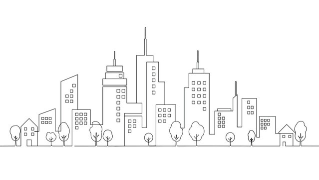 Modern city skyline represented in a simple black line art style with various tall skyscrapers and small urban trees.