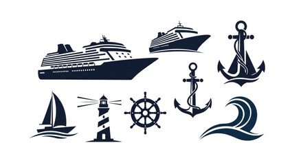Nautical themed collection of ships, anchors, waves, and lighthouse illustrations. © Hudah