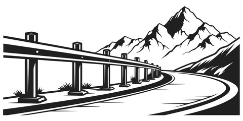 A majestic train journey through the snowy mountains and valleys. Vector