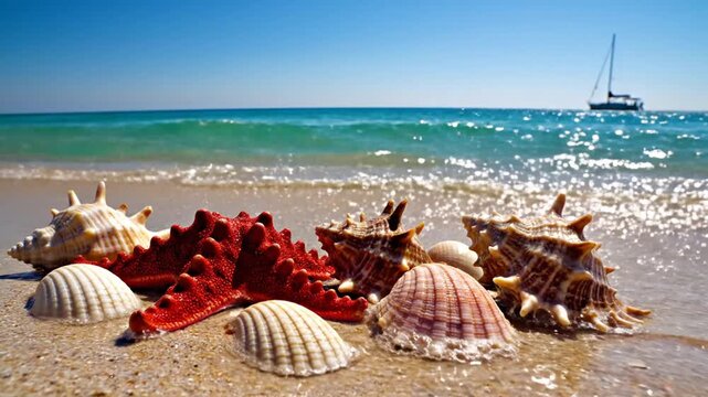 Seashells and Starfish on Sandy Beach.