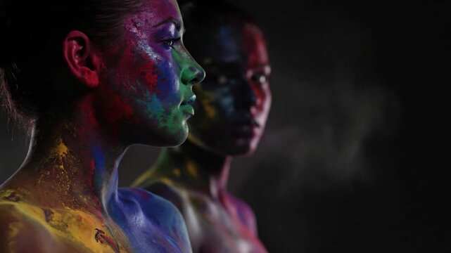 Abstract silhouettes with flowing vibrant body paint symbolize diversity, unity, and multicultural identity in a cinematic studio scene with clean copy space.