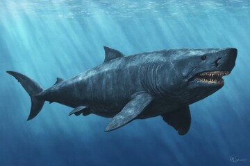 Fototapeta premium Ilustração de um tubarão megalodonte gigante nadando nas profundezas do oceano azul com raios de sol filtrando através da superfície da água marinha.