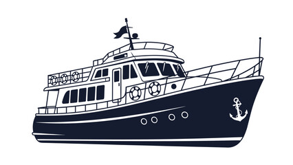Obraz premium Detailed black silhouette of a luxury motor yacht or ship on a white background showing various decks and an anchor.