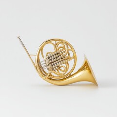 Close-Up Image of a Gleaming French Horn on a Light Background, Showcasing Its Elegant Design and Craftsmanship