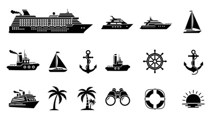 Collection of various maritime transportation and nautical themed icons in black and white. © Hudah