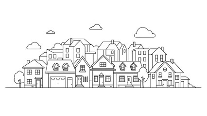 Fototapeta premium Minimalist line art drawing of a suburban neighborhood showing various types of houses and residential buildings in a row.