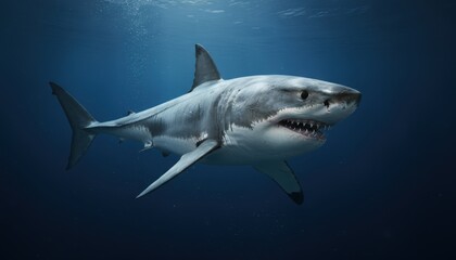 Obraz premium A Great White Shark Gliding Through Deep Blue Ocean Waters, Displaying Its Sharp Teeth and Powerful Form