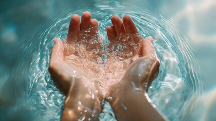 Fototapeta premium Cupped hands catching clear pool water, soft sunlight glinting on ripples, droplets suspended mid-air, close-up on skin texture, teal tones, meditative wellness