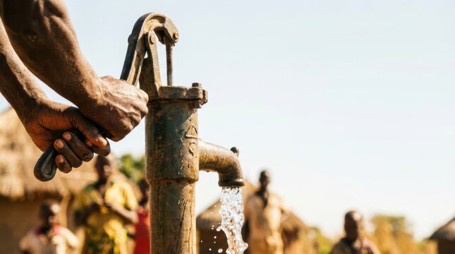 Dark hands pump an old water well fresh water gushing from the spout Blurred villagers and huts stand under a bright sky