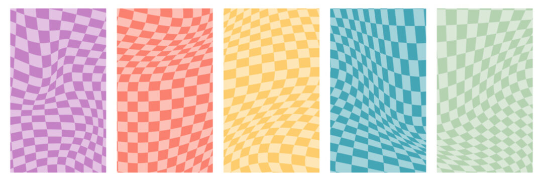 A psychedelic retro pattern in the 70s style, a wavy checkerboard. A gingham vibrant abstract Y2K-style grid in purple, yellow, orange, emerald, and lime green tones. Vector for digital backgrounds
