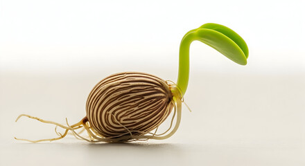 Germinating Seed with Roots and Sprout on White Background.